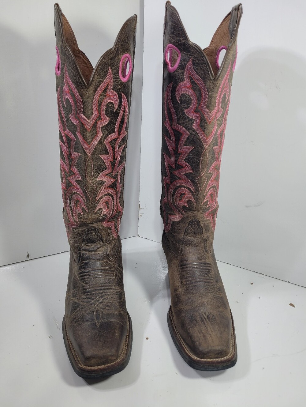 Tony Lama Women’s Tall Buckaroo Cowboy Boots Size 8.5 B Brown Pink RR2008L 16"